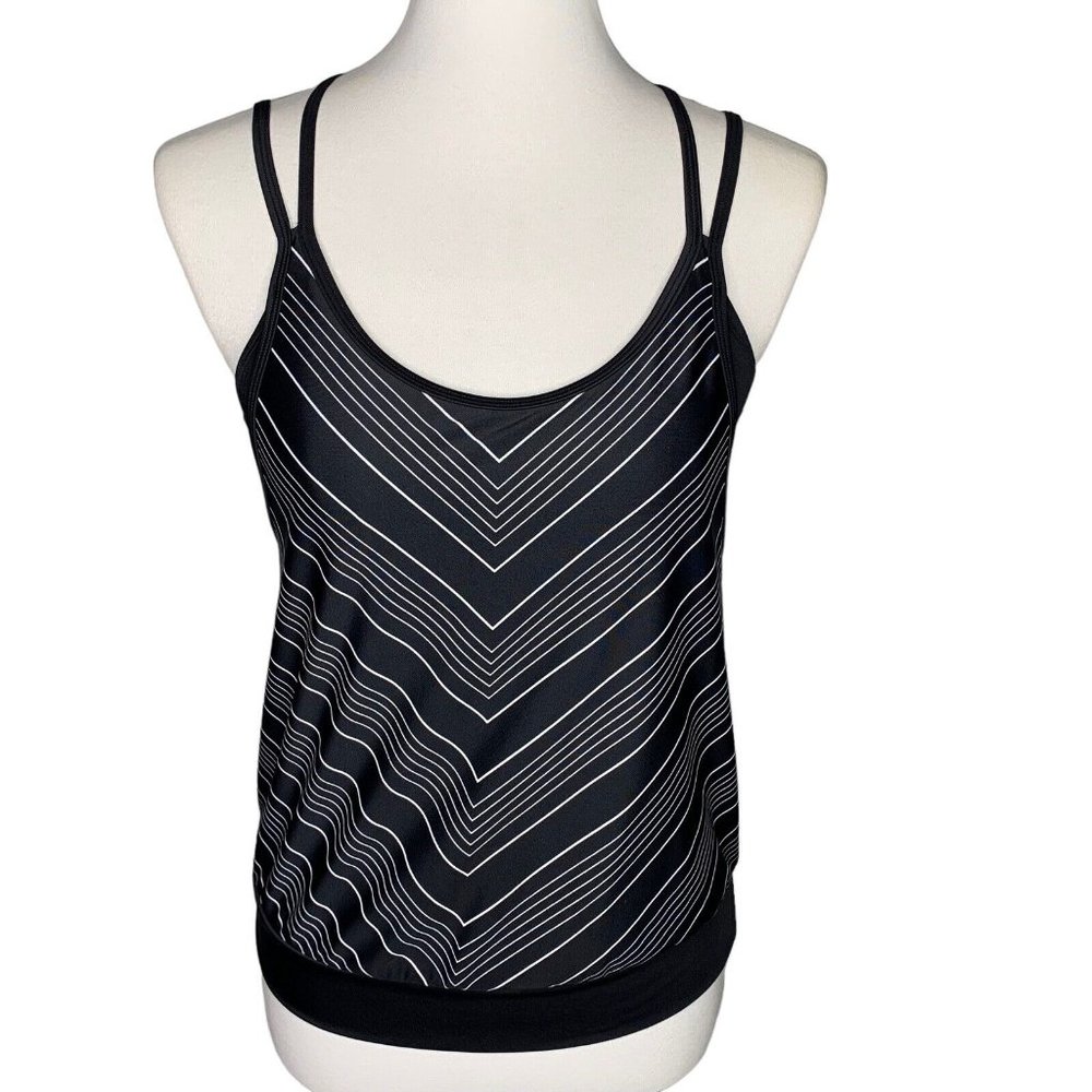 Athleta Blousy Chevron Tankini Top Size 32 B/C Black White Strappy Built In Bra